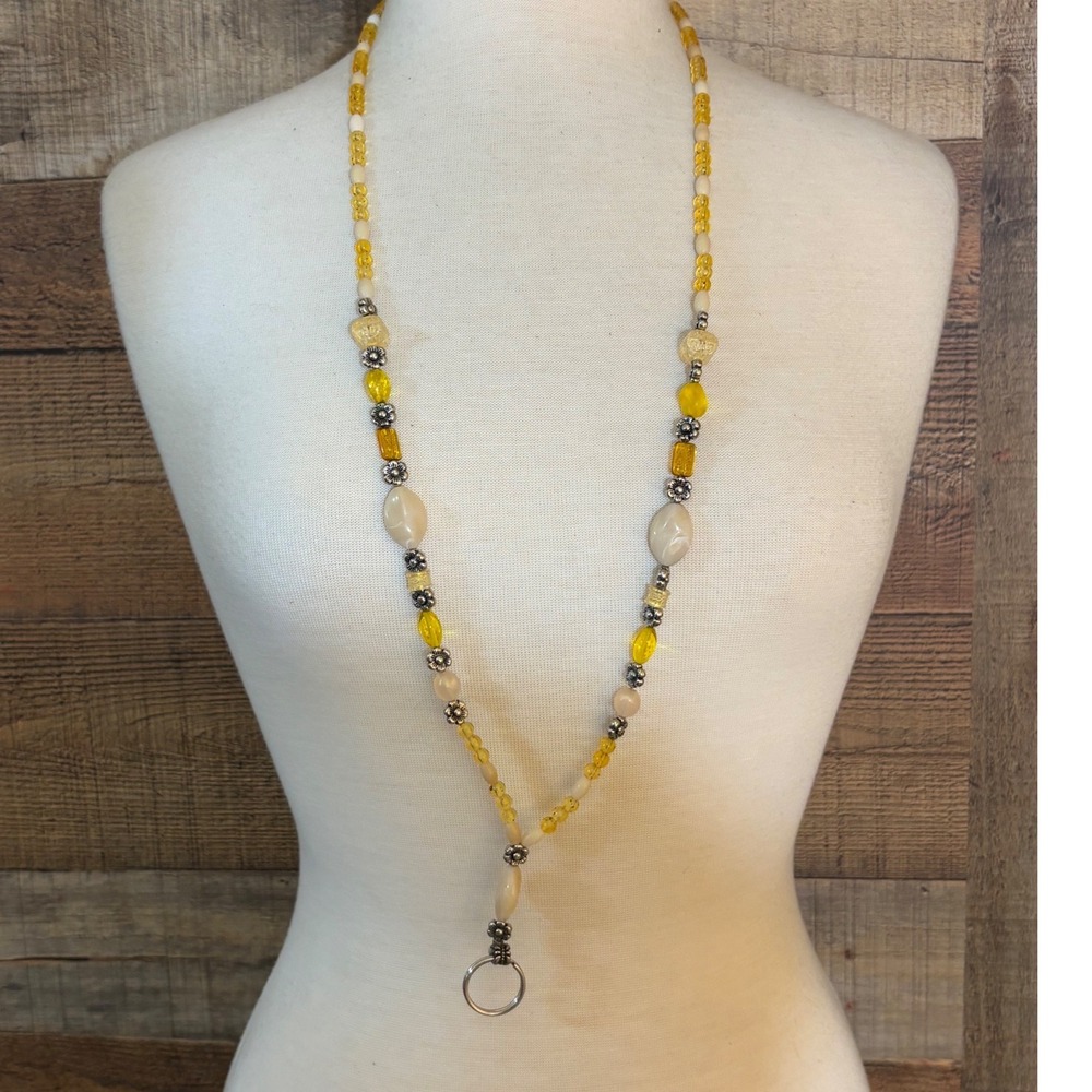 Handcrafted Yellow Amber Beaded Lanyard ID Badge Key Holder Necklace 36 Inch